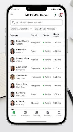 Employee directory table with avatars, branch, status, and hours