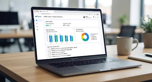 Enterprise productivity dashboard with charts and real-time branch activity feeds